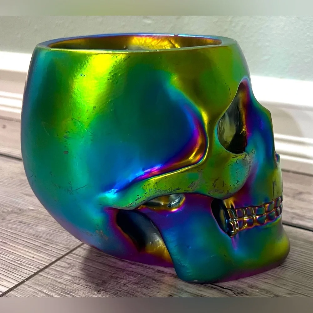 NWT Iridescent Oil Slick Skull Skeleton Makeup Brush Holder Candy Dish Halloween